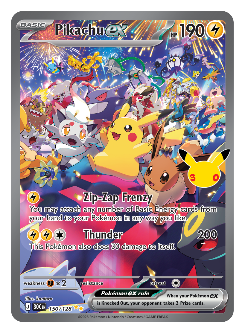 Pikachu ex 150/128, illustrert av kantaro.
