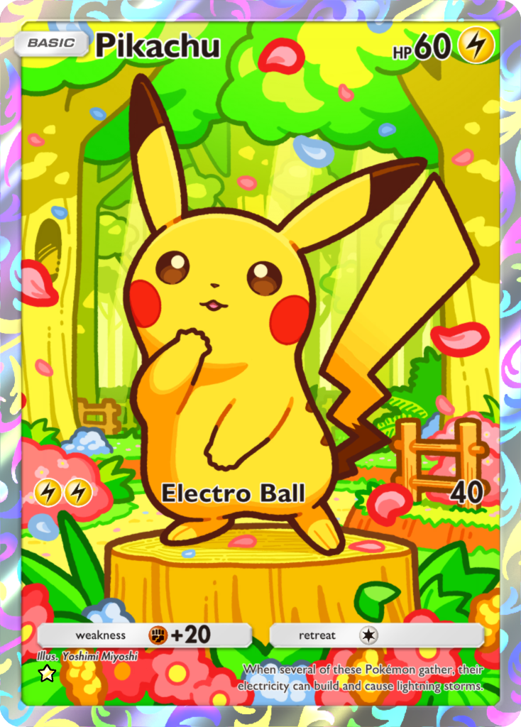 Det digitale Pikachu-kortet fra Everyday Wonders i Pokémon TCG Pocket, illustrert av Yoshimi Miyoshi. Illustrasjon av spillet, ikke et kort fra den varslede nye serien.